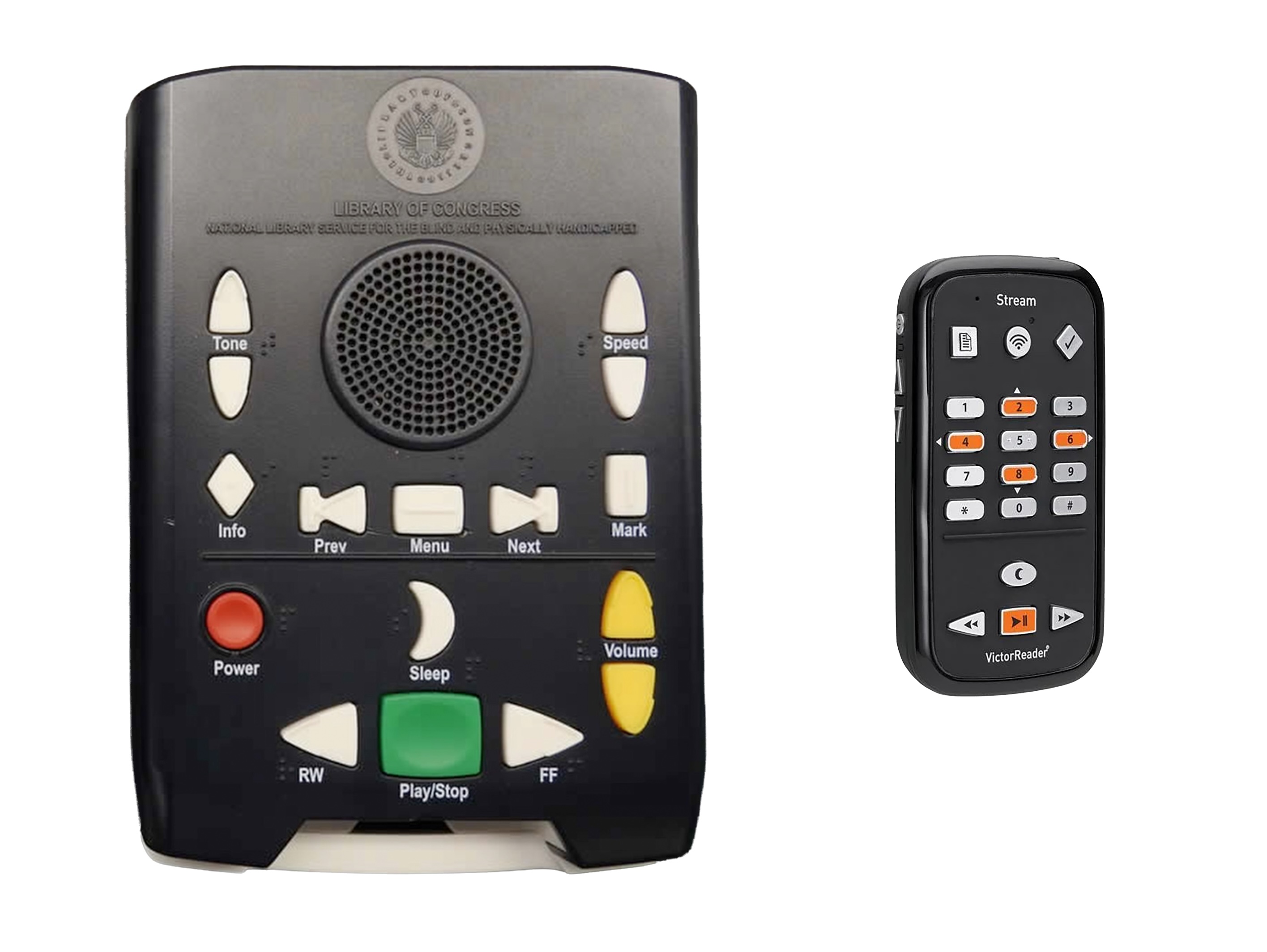 Image. An NLS Digital Talking Book Player on the left and a handheld Victor Reader Stream on the right.